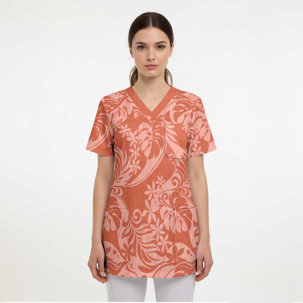 Tahiti Puatou Tiare Floral Scrub Top Monstera Palm Tropical Leaves - Polynesian Pride