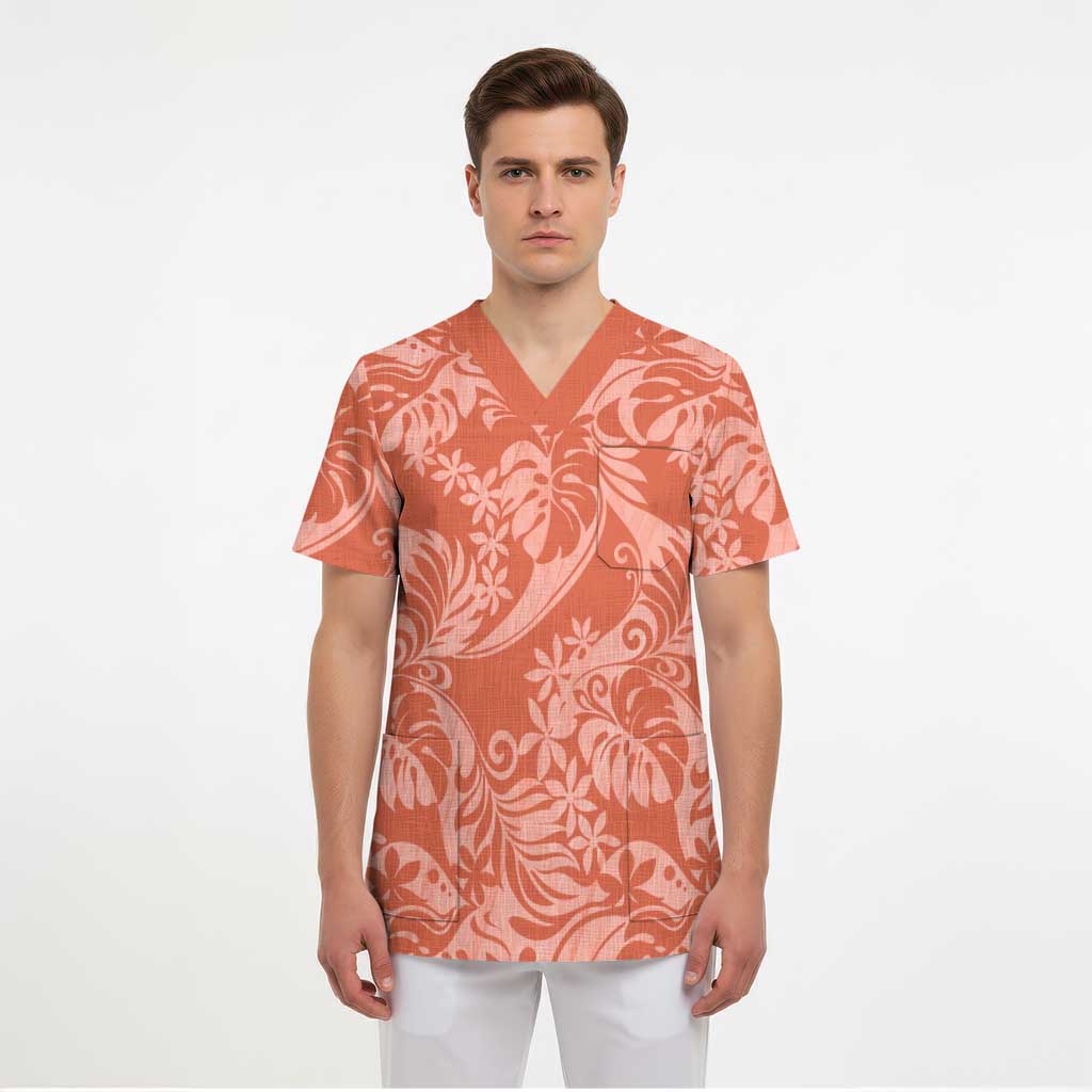 Tahiti Puatou Tiare Floral Scrub Top Monstera Palm Tropical Leaves - Polynesian Pride