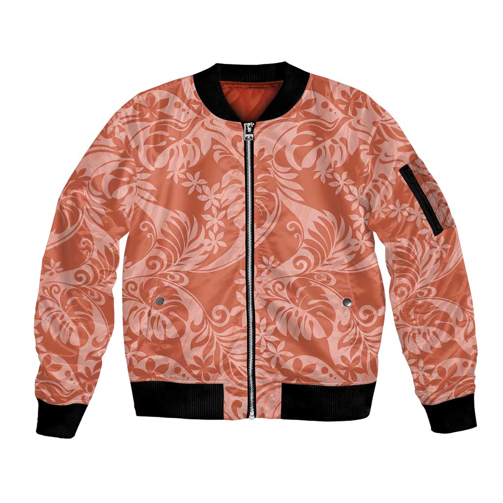 Tahiti Puatou Tiare Floral Sleeve Zip Bomber Jacket Monstera Palm Tropical Leaves - Polynesian Pride