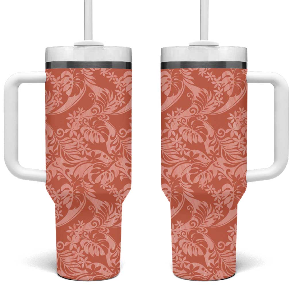 Tahiti Puatou Tiare Floral Tumbler With Handle Monstera Palm Tropical Leaves - Polynesian Pride