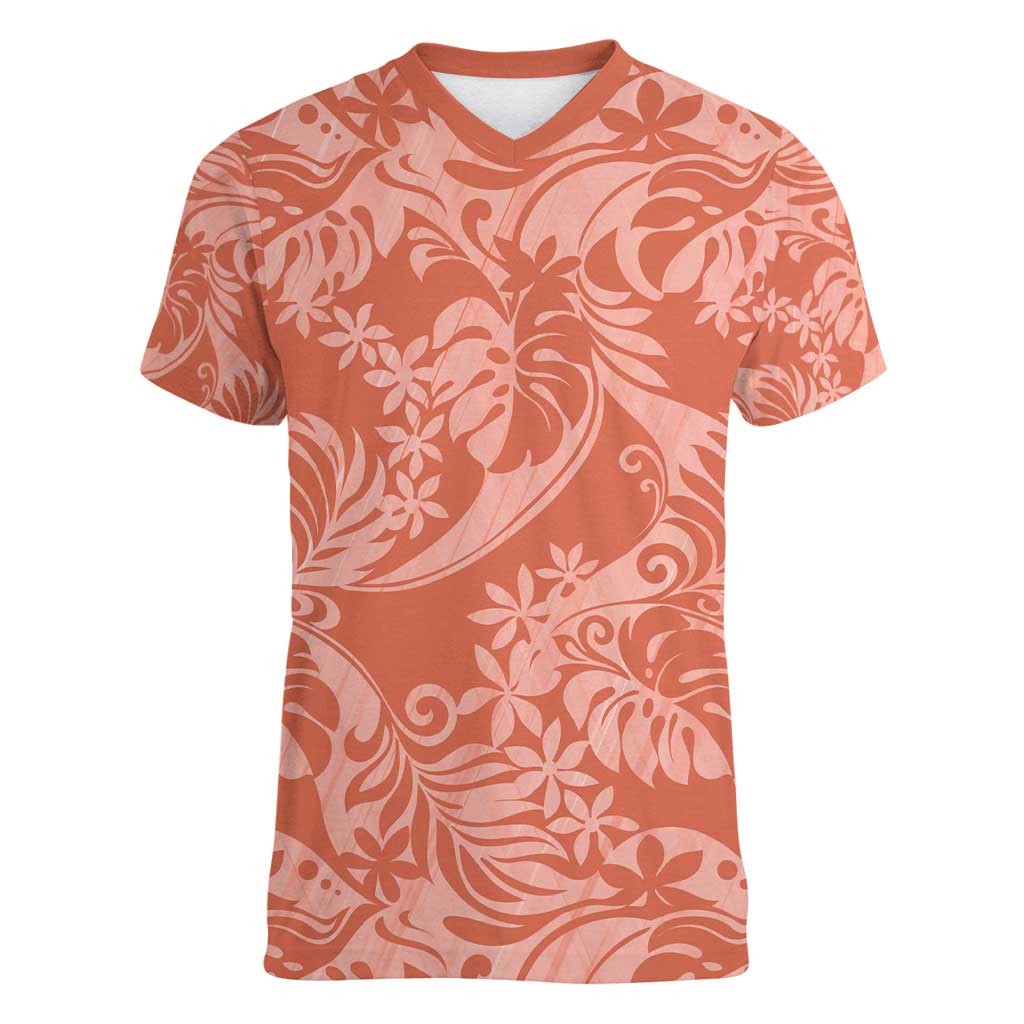 Tahiti Puatou Tiare Floral Women V-Neck T-Shirt Monstera Palm Tropical Leaves - Polynesian Pride