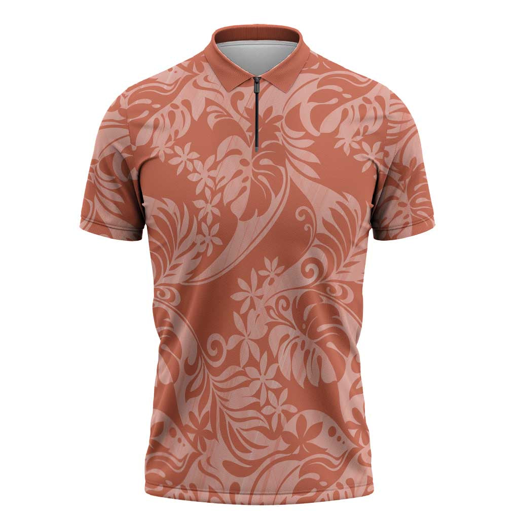 Tahiti Puatou Tiare Floral Zipper Polo Shirt Monstera Palm Tropical Leaves - Polynesian Pride