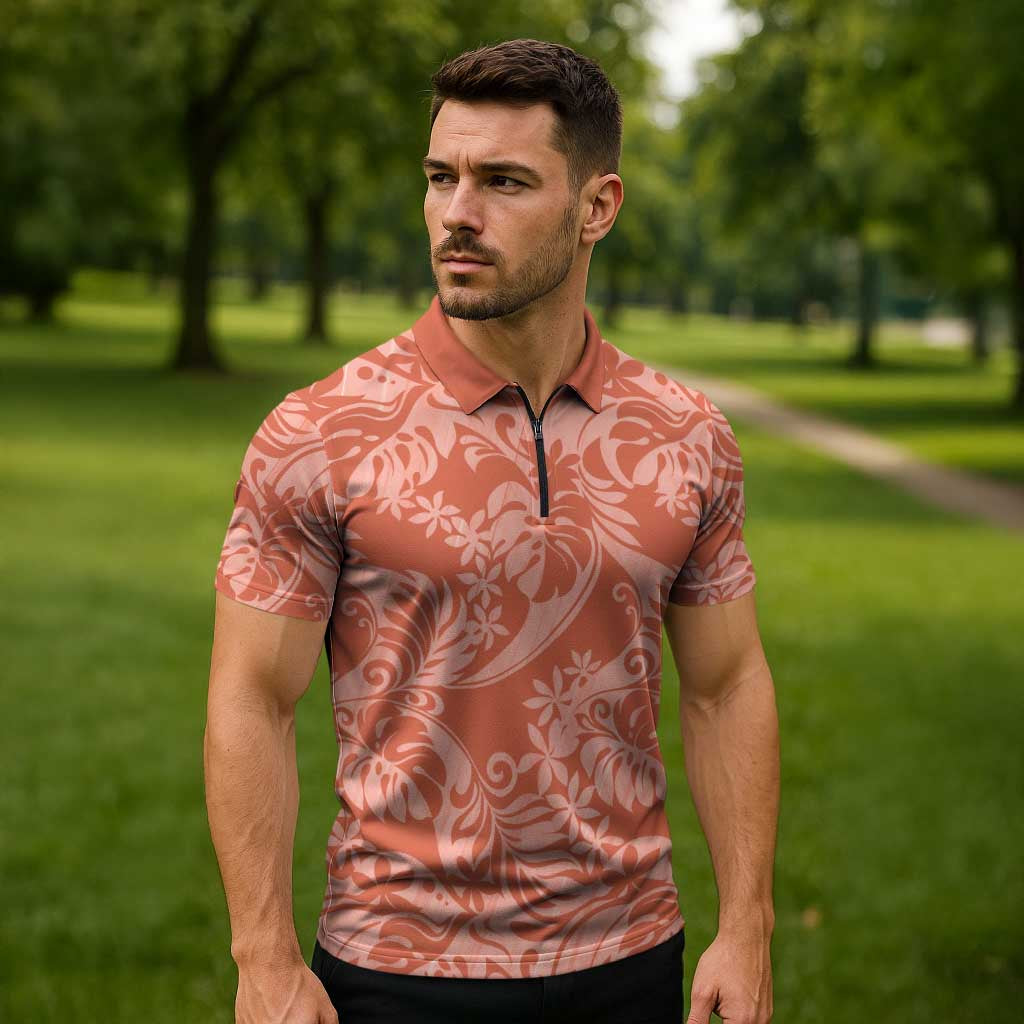Tahiti Puatou Tiare Floral Zipper Polo Shirt Monstera Palm Tropical Leaves - Polynesian Pride