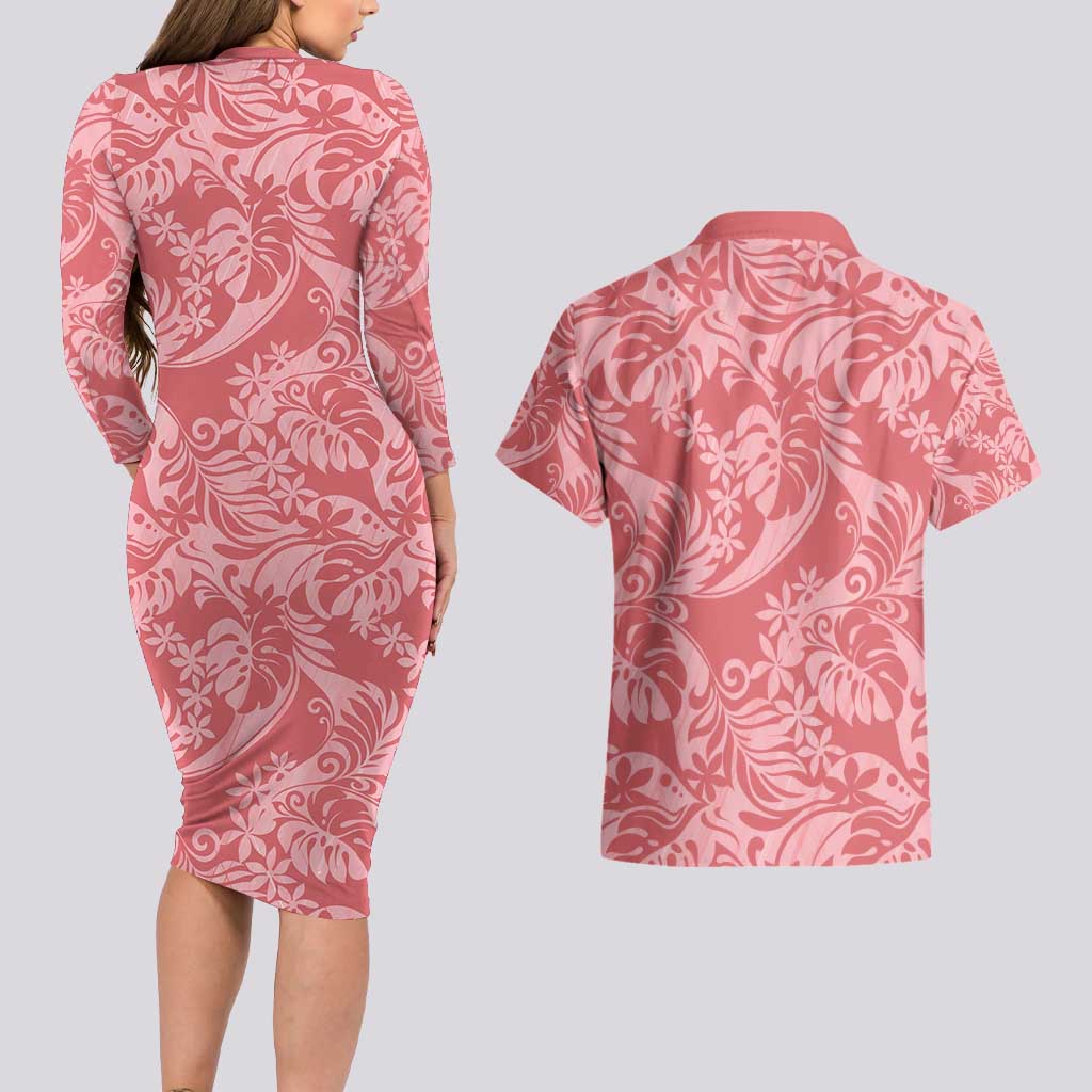 Tahiti Tarona Tiare Floral Couples Matching Long Sleeve Bodycon Dress and Hawaiian Shirt Monstera Palm Tropical Leaves - Polynesian Pride