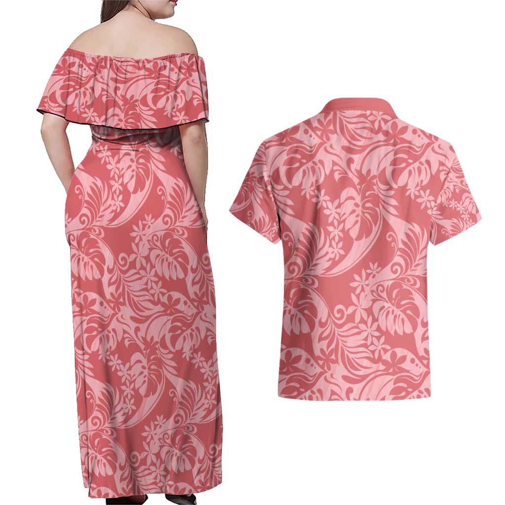 Tahiti Tarona Tiare Floral Couples Matching Off Shoulder Maxi Dress and Hawaiian Shirt Monstera Palm Tropical Leaves - Polynesian Pride