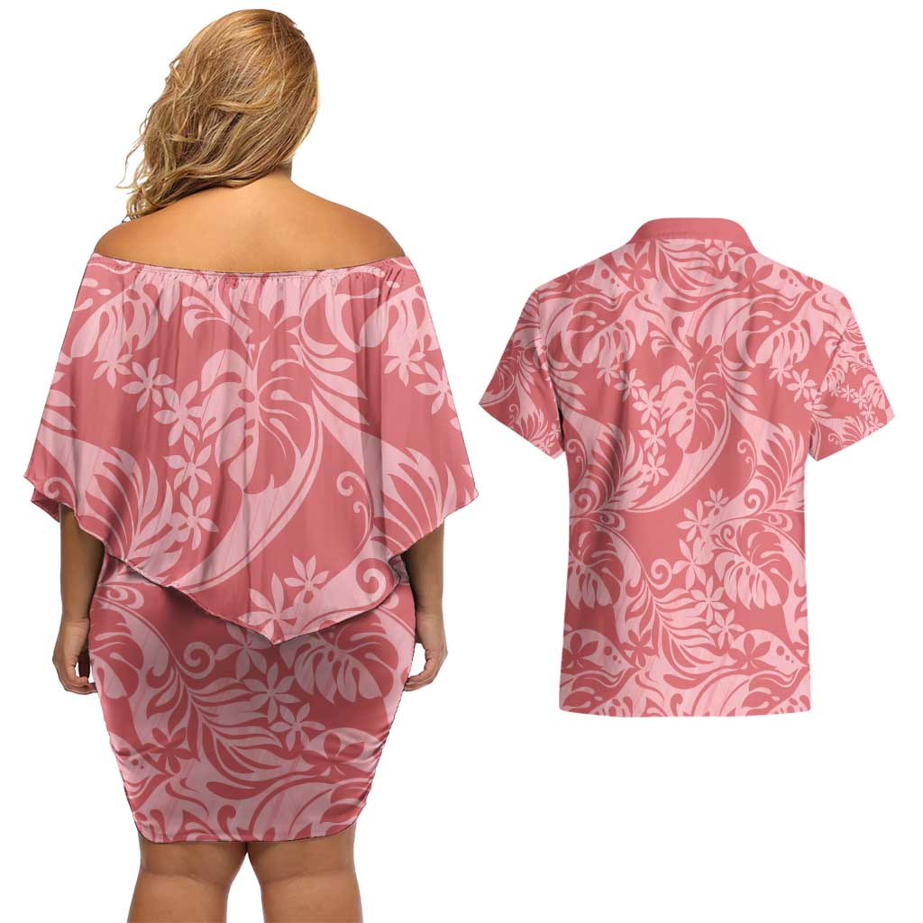 Tahiti Tarona Tiare Floral Couples Matching Off Shoulder Short Dress and Hawaiian Shirt Monstera Palm Tropical Leaves - Polynesian Pride