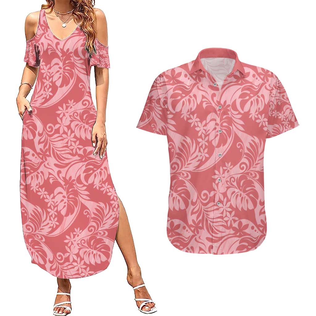 Tahiti Tarona Tiare Floral Couples Matching Summer Maxi Dress and Hawaiian Shirt Monstera Palm Tropical Leaves - Polynesian Pride