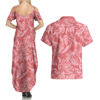 Tahiti Tarona Tiare Floral Couples Matching Summer Maxi Dress and Hawaiian Shirt Monstera Palm Tropical Leaves - Polynesian Pride