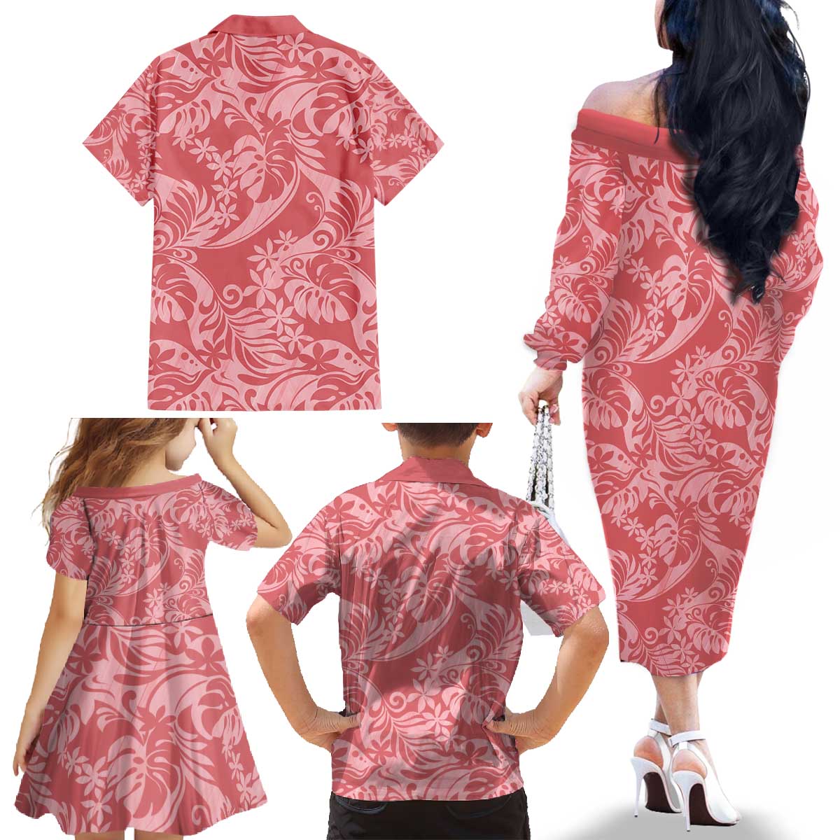 Tahiti Tarona Tiare Floral Family Matching Off The Shoulder Long Sleeve Dress and Hawaiian Shirt Monstera Palm Tropical Leaves - Polynesian Pride
