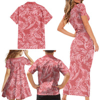 Tahiti Tarona Tiare Floral Family Matching Short Sleeve Bodycon Dress and Hawaiian Shirt Monstera Palm Tropical Leaves - Polynesian Pride