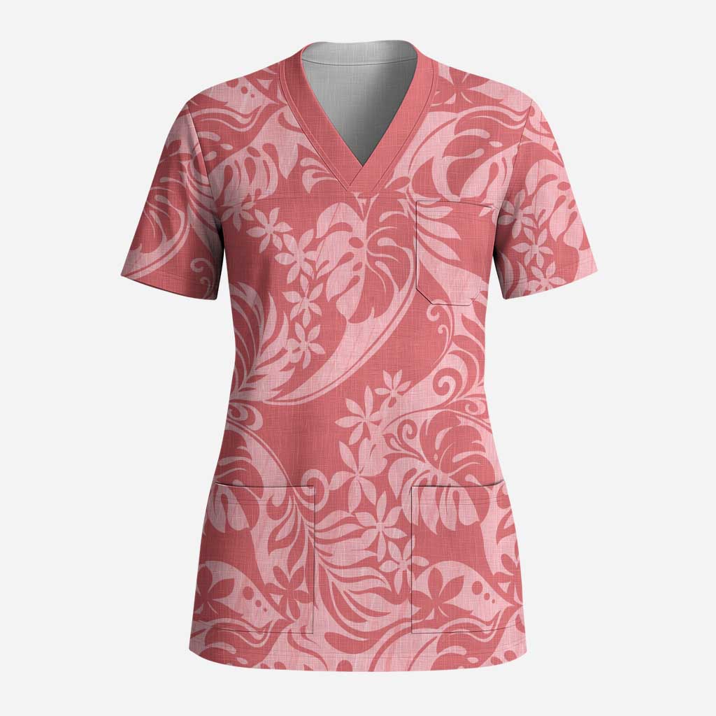 Tahiti Tarona Tiare Floral Scrub Top Monstera Palm Tropical Leaves - Polynesian Pride