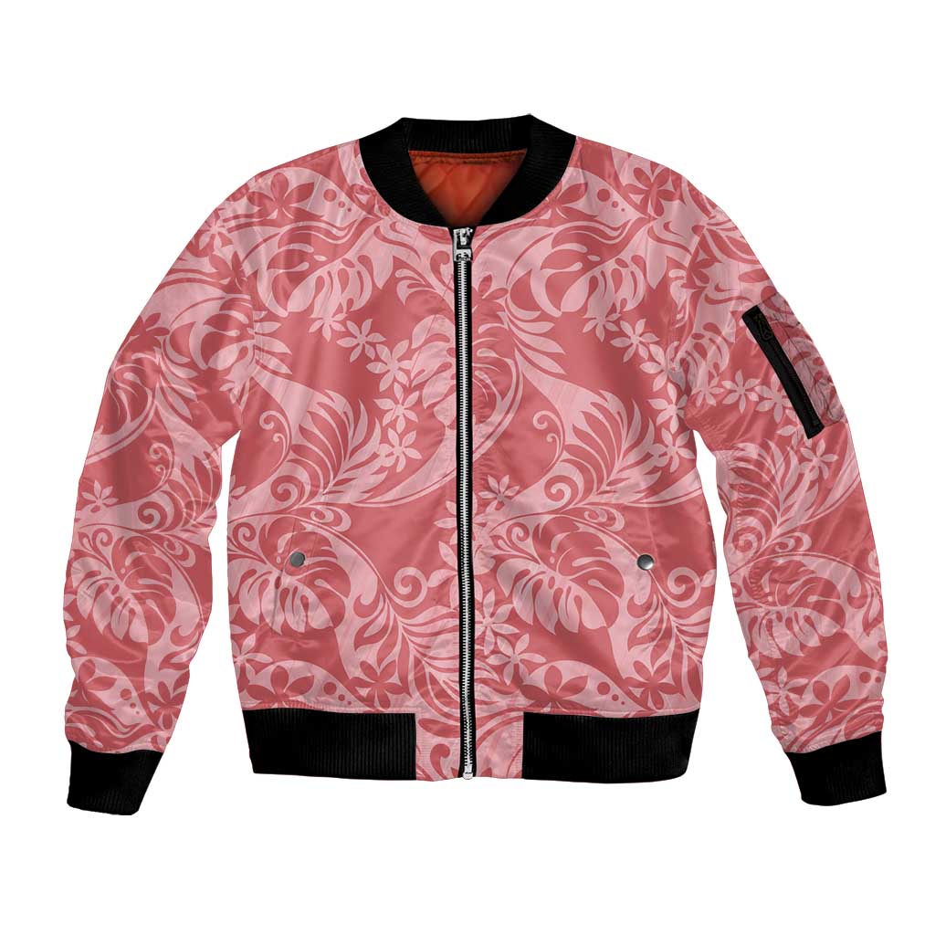 Tahiti Tarona Tiare Floral Sleeve Zip Bomber Jacket Monstera Palm Tropical Leaves - Polynesian Pride