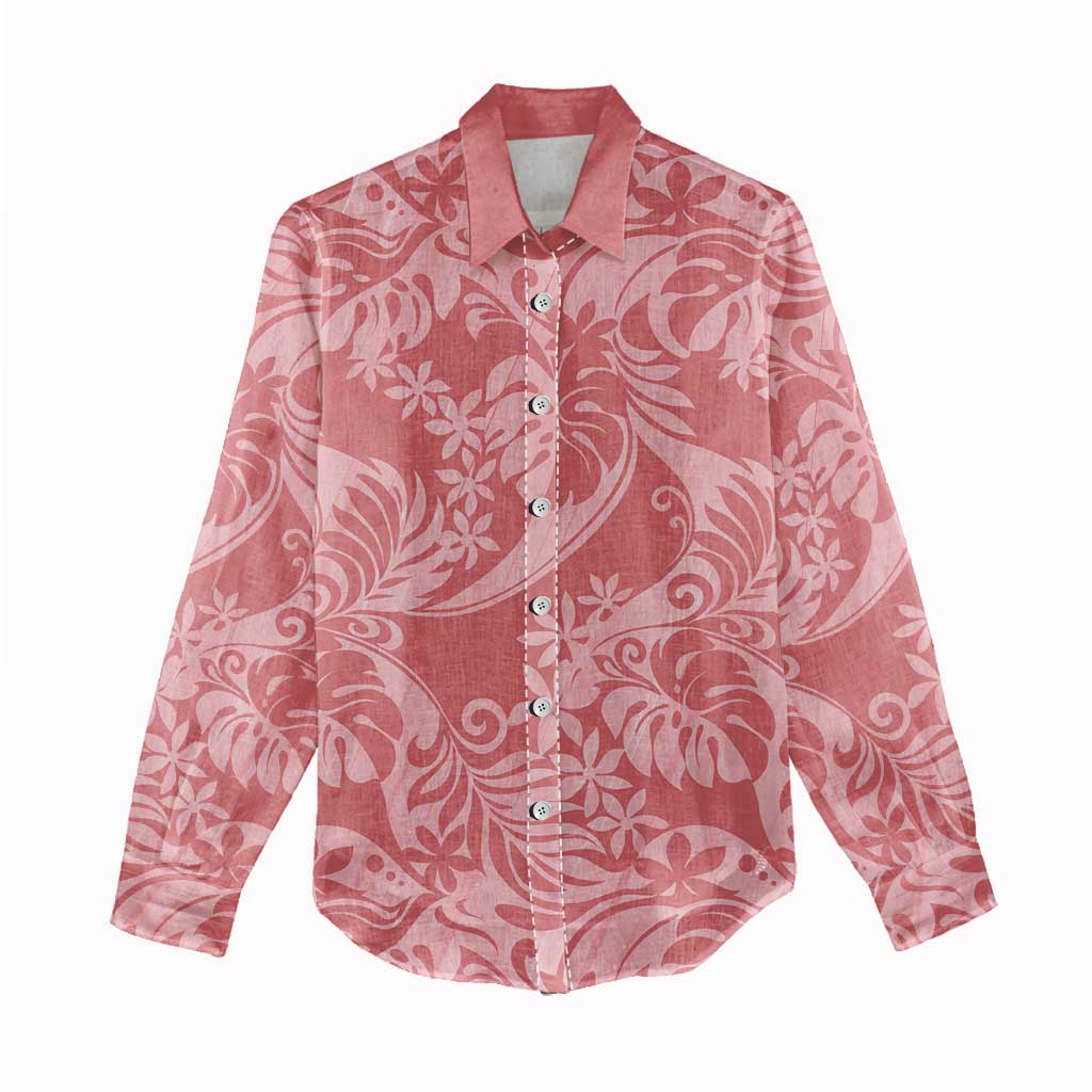 Tahiti Tarona Tiare Floral Women Casual Shirt Monstera Palm Tropical Leaves - Polynesian Pride