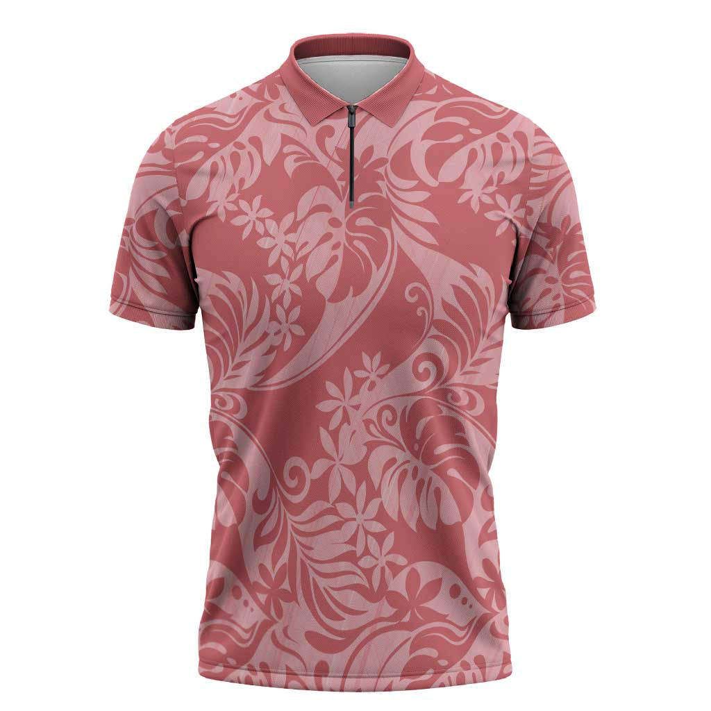 Tahiti Tarona Tiare Floral Zipper Polo Shirt Monstera Palm Tropical Leaves - Polynesian Pride