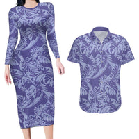 Tahiti Vareau Tiare Floral Couples Matching Long Sleeve Bodycon Dress and Hawaiian Shirt Monstera Palm Tropical Leaves - Polynesian Pride