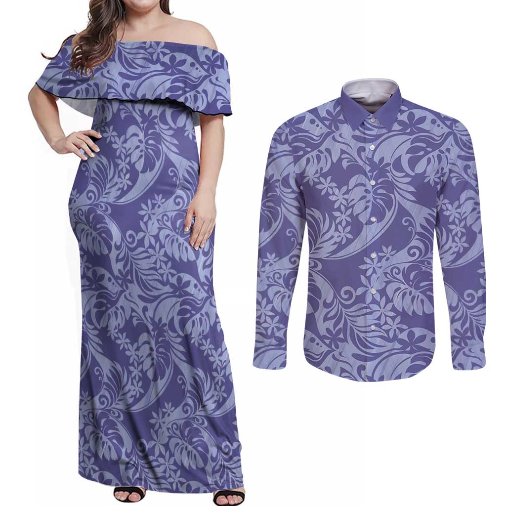 Tahiti Vareau Tiare Floral Couples Matching Off Shoulder Maxi Dress and Long Sleeve Button Shirt Monstera Palm Tropical Leaves - Polynesian Pride