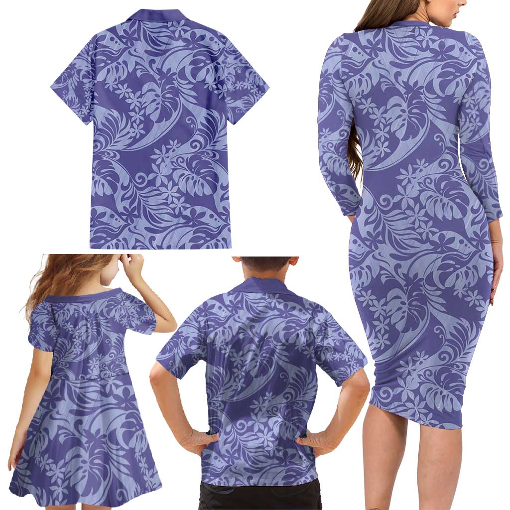 Tahiti Vareau Tiare Floral Family Matching Long Sleeve Bodycon Dress and Hawaiian Shirt Monstera Palm Tropical Leaves - Polynesian Pride