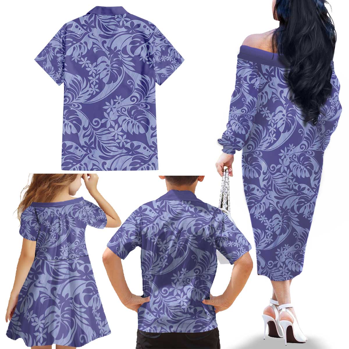 Tahiti Vareau Tiare Floral Family Matching Off The Shoulder Long Sleeve Dress and Hawaiian Shirt Monstera Palm Tropical Leaves - Polynesian Pride