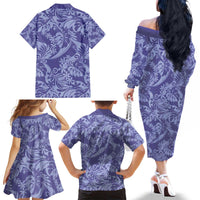 Tahiti Vareau Tiare Floral Family Matching Off The Shoulder Long Sleeve Dress and Hawaiian Shirt Monstera Palm Tropical Leaves - Polynesian Pride