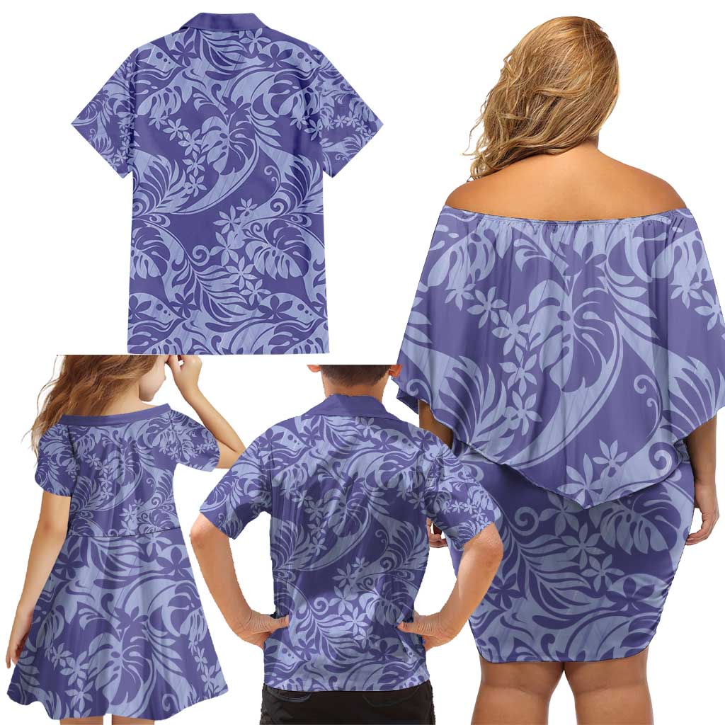 Tahiti Vareau Tiare Floral Family Matching Off Shoulder Short Dress and Hawaiian Shirt Monstera Palm Tropical Leaves - Polynesian Pride