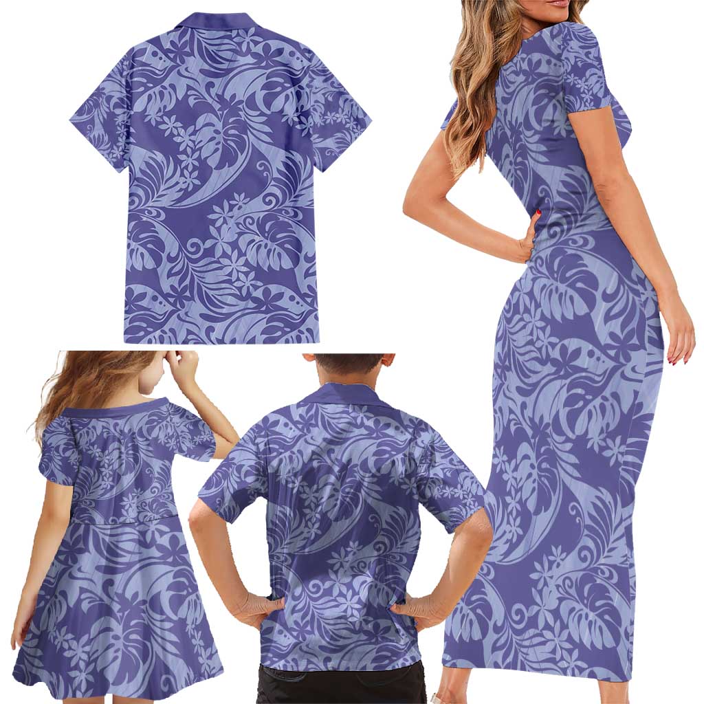 Tahiti Vareau Tiare Floral Family Matching Short Sleeve Bodycon Dress and Hawaiian Shirt Monstera Palm Tropical Leaves - Polynesian Pride