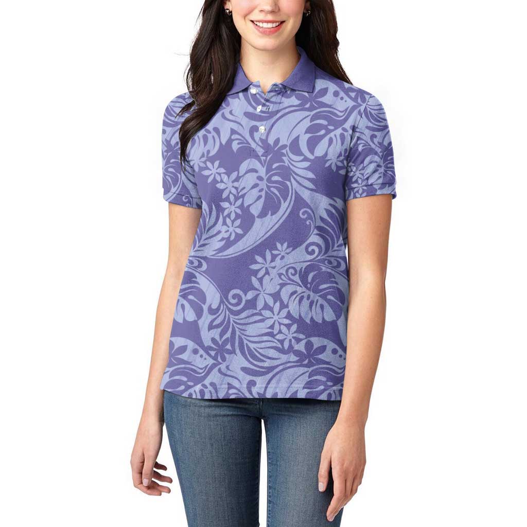 Tahiti Vareau Tiare Floral Women Polo Shirt Monstera Palm Tropical Leaves - Polynesian Pride