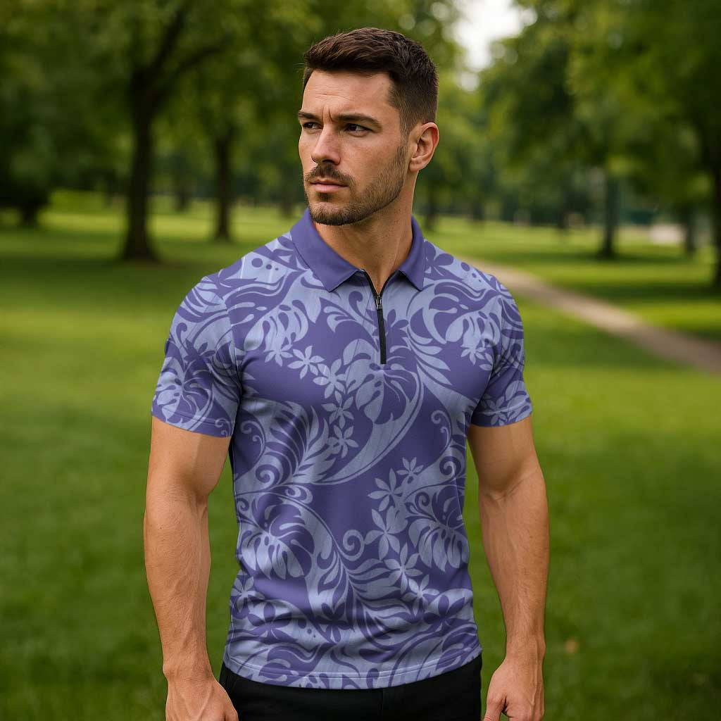 Tahiti Vareau Tiare Floral Zipper Polo Shirt Monstera Palm Tropical Leaves - Polynesian Pride