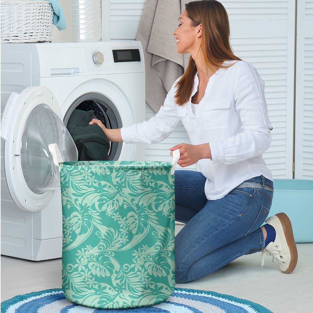 Tahiti Teal Tiare Floral Laundry Basket Monstera Palm Tropical Leaves - Polynesian Pride