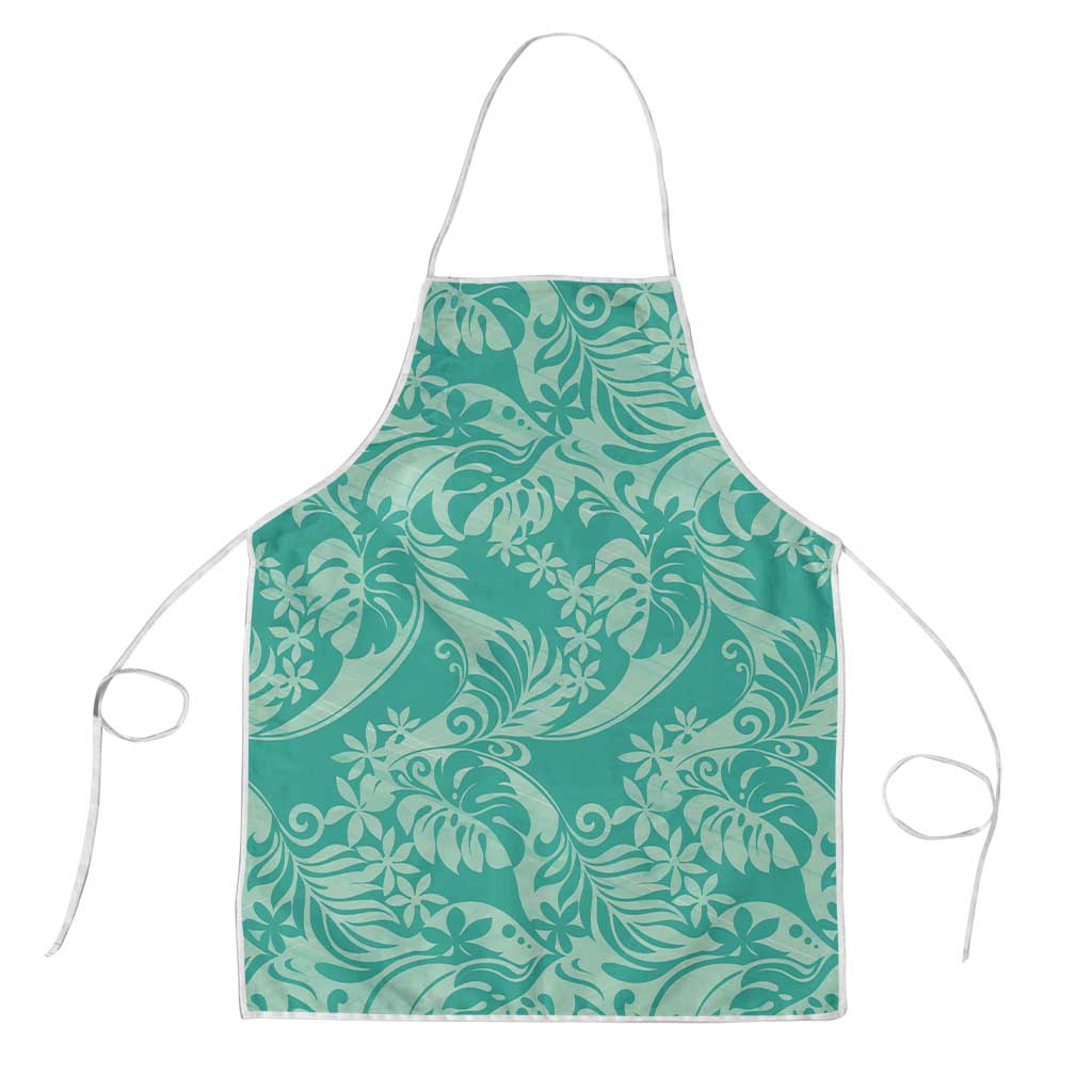 Tahiti Teal Tiare Floral Apron Monstera Palm Tropical Leaves - Polynesian Pride