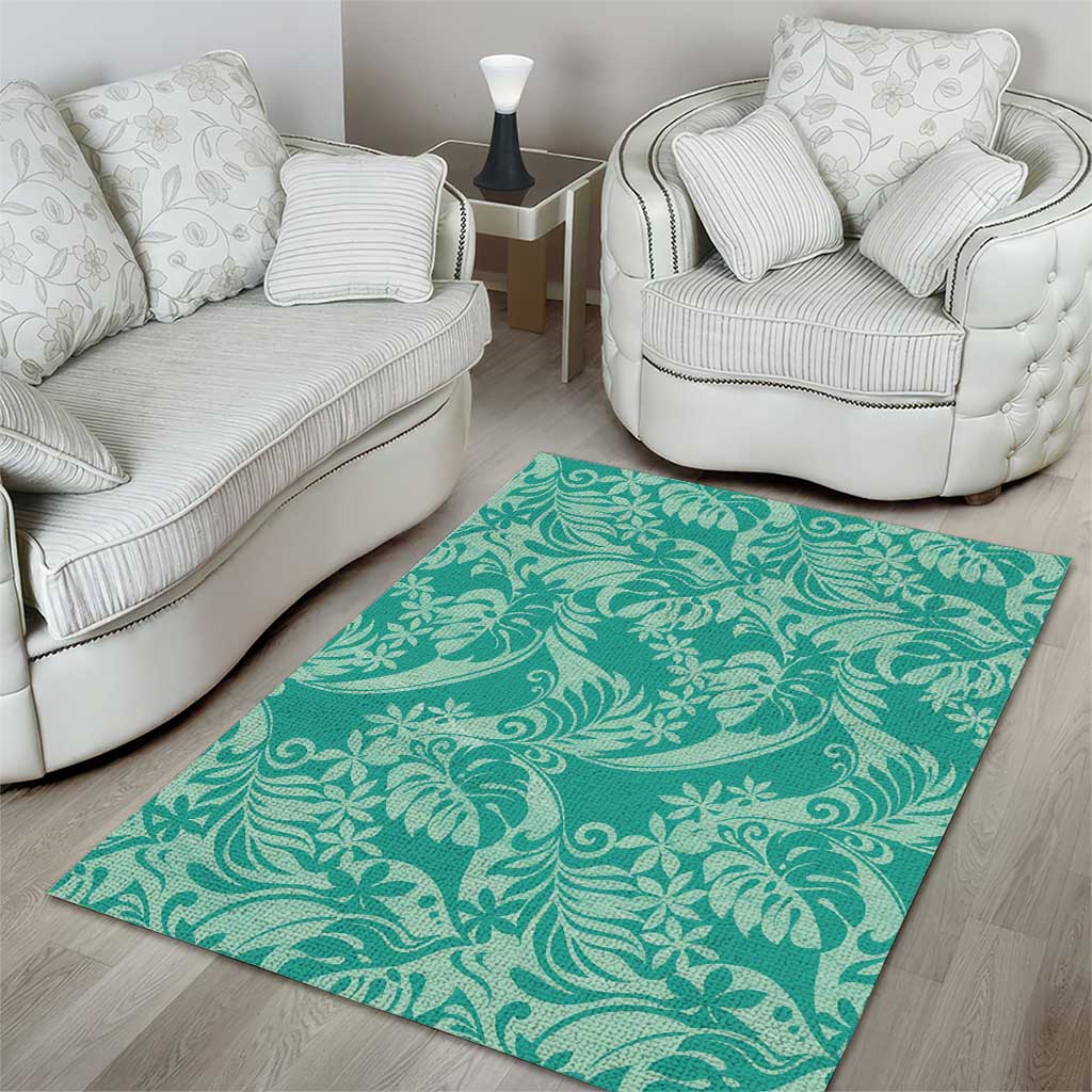 Tahiti Teal Tiare Floral Area Rug Monstera Palm Tropical Leaves - Polynesian Pride