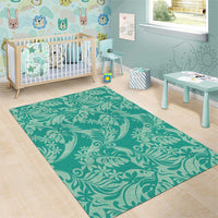 Tahiti Teal Tiare Floral Area Rug Monstera Palm Tropical Leaves - Polynesian Pride