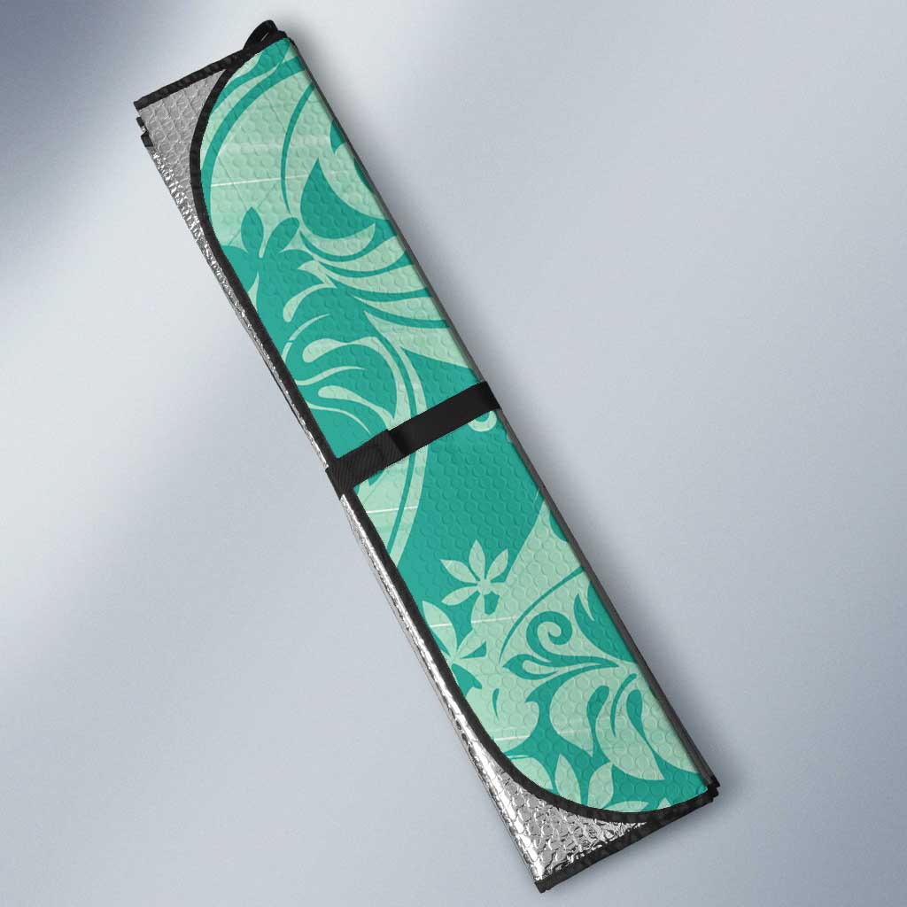 Tahiti Teal Tiare Floral Auto Sun Shade Monstera Palm Tropical Leaves - Polynesian Pride