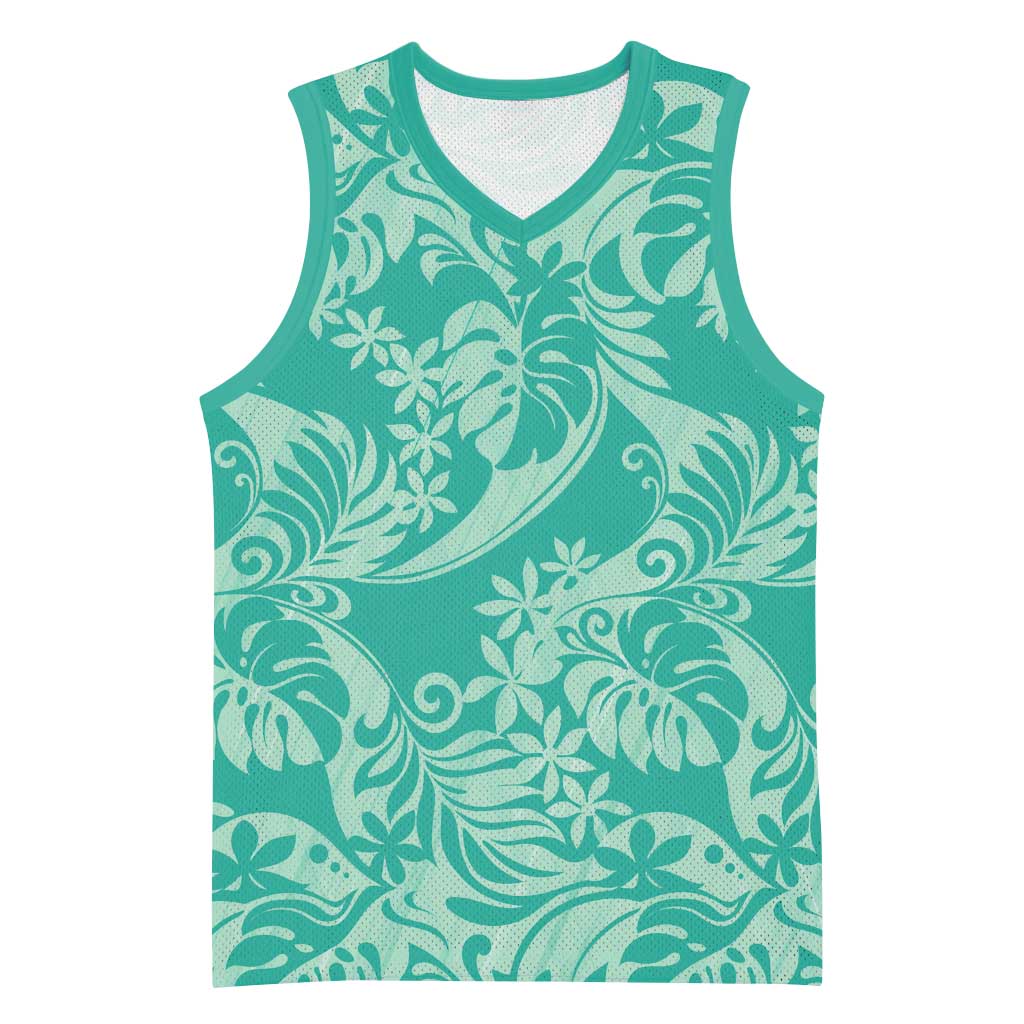 Tahiti Teal Tiare Floral Basketball Jersey Monstera Palm Tropical Leaves - Polynesian Pride