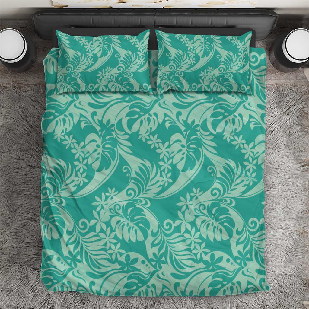 Tahiti Teal Tiare Floral Bedding Set Monstera Palm Tropical Leaves - Polynesian Pride