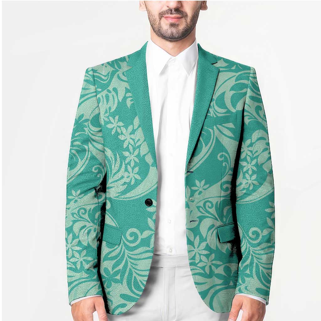 Tahiti Teal Tiare Floral Blazer Monstera Palm Tropical Leaves - Polynesian Pride