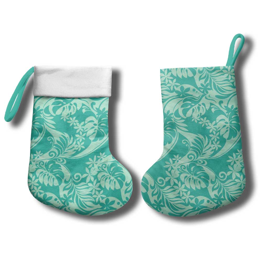 Tahiti Teal Tiare Floral Christmas Stocking Monstera Palm Tropical Leaves - Polynesian Pride