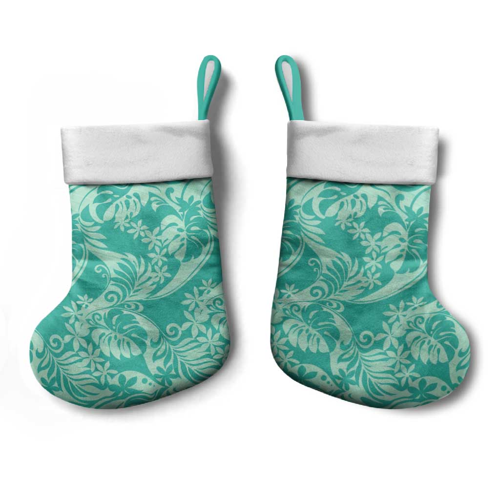 Tahiti Teal Tiare Floral Christmas Stocking Monstera Palm Tropical Leaves - Polynesian Pride