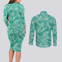 Tahiti Teal Tiare Floral Couples Matching Long Sleeve Bodycon Dress and Long Sleeve Button Shirt Monstera Palm Tropical Leaves - Polynesian Pride