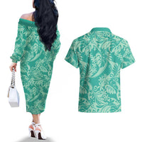 Tahiti Teal Tiare Floral Couples Matching Off The Shoulder Long Sleeve Dress and Hawaiian Shirt Monstera Palm Tropical Leaves - Polynesian Pride