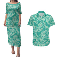 Tahiti Teal Tiare Floral Couples Matching Puletasi and Hawaiian Shirt Monstera Palm Tropical Leaves - Polynesian Pride