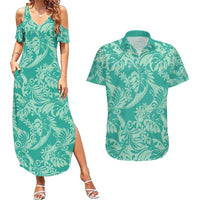 Tahiti Teal Tiare Floral Couples Matching Summer Maxi Dress and Hawaiian Shirt Monstera Palm Tropical Leaves - Polynesian Pride