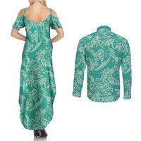 Tahiti Teal Tiare Floral Couples Matching Summer Maxi Dress and Long Sleeve Button Shirt Monstera Palm Tropical Leaves - Polynesian Pride