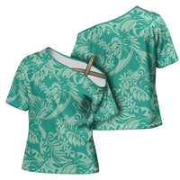 Tahiti Teal Tiare Floral Cross Shoulder Shirt Monstera Palm Tropical Leaves - Polynesian Pride