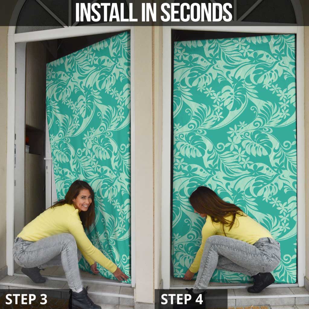 Tahiti Teal Tiare Floral Door Cover Monstera Palm Tropical Leaves - Polynesian Pride