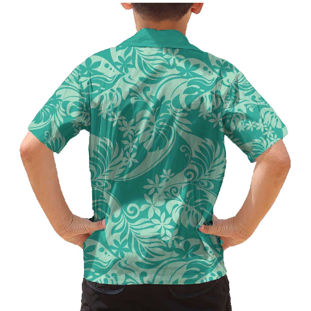 Tahiti Teal Tiare Floral Family Matching Mermaid Dress and Hawaiian Shirt Monstera Palm Tropical Leaves - Polynesian Pride