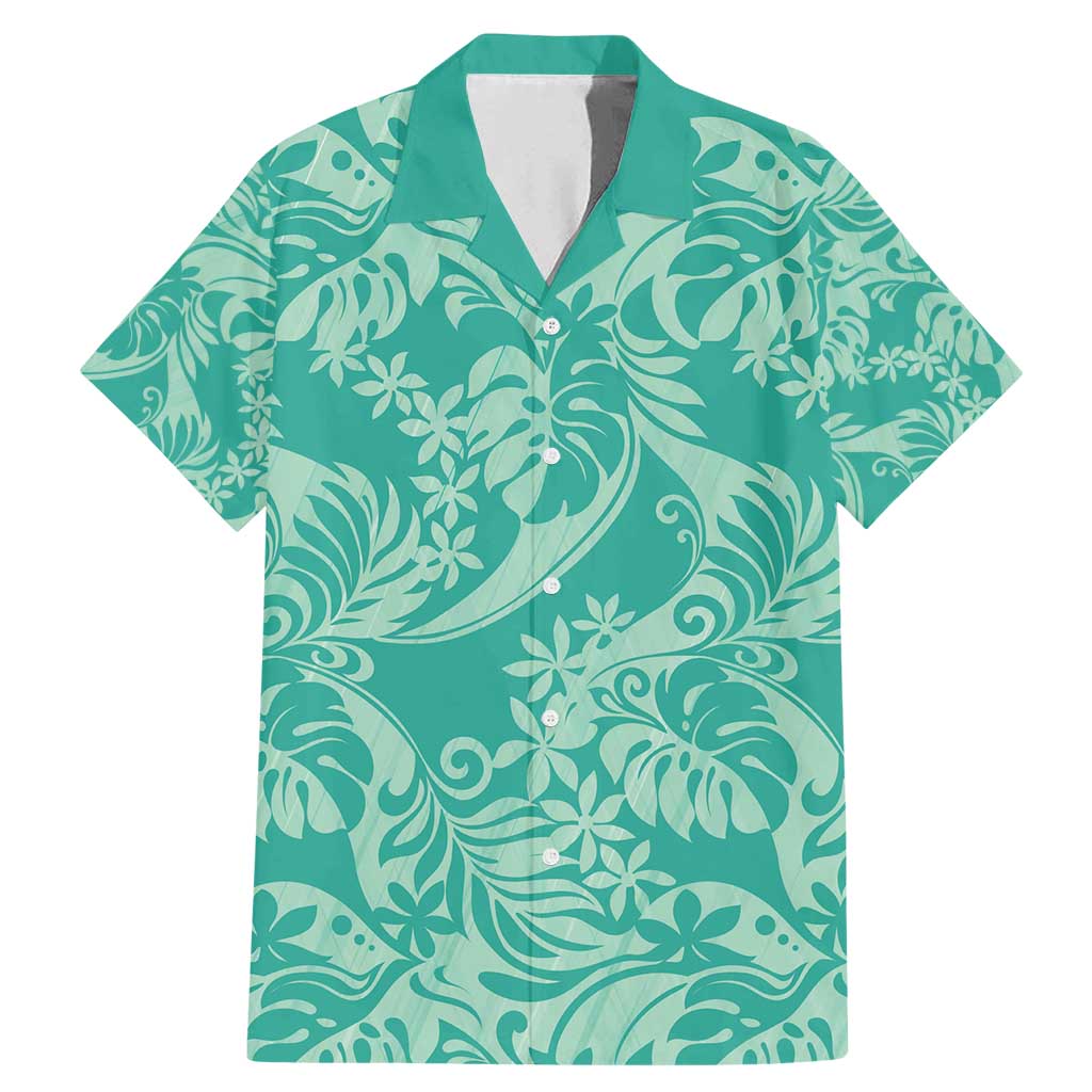 Tahiti Teal Tiare Floral Family Matching Mermaid Dress and Hawaiian Shirt Monstera Palm Tropical Leaves - Polynesian Pride
