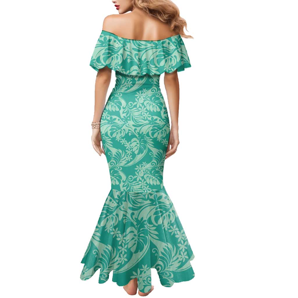 Tahiti Teal Tiare Floral Family Matching Mermaid Dress and Hawaiian Shirt Monstera Palm Tropical Leaves - Polynesian Pride