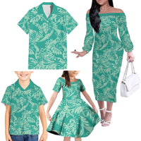 Tahiti Teal Tiare Floral Family Matching Off The Shoulder Long Sleeve Dress and Hawaiian Shirt Monstera Palm Tropical Leaves - Polynesian Pride
