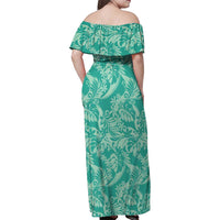 Tahiti Teal Tiare Floral Family Matching Off Shoulder Maxi Dress and Hawaiian Shirt Monstera Palm Tropical Leaves - Polynesian Pride