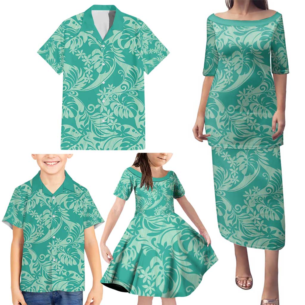 Tahiti Teal Tiare Floral Family Matching Puletasi and Hawaiian Shirt Monstera Palm Tropical Leaves - Polynesian Pride